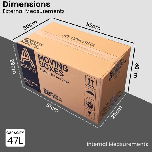 Aspect 10 Strong Large Cardboard Storage for Moving House 52cm x 30cm x 30cm Storage Packing Boxes With Lids Storage Boxes for Packing With Carry Handles - 47 Litres