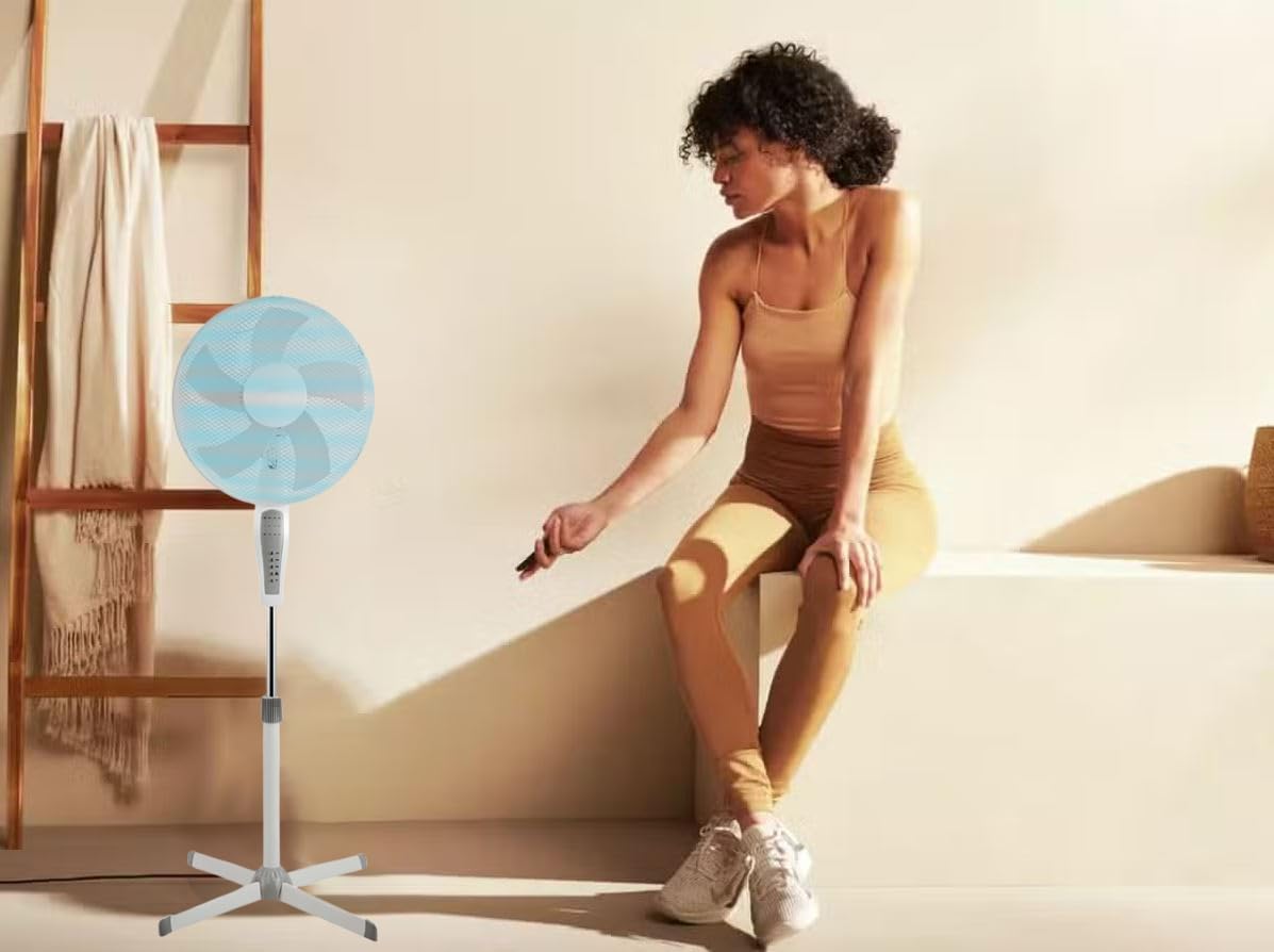 Aspect 16 Inch Pedestal Fan Remote Control Cooling Powerful | Wide Leg Cross Base | Extra Strong 5 Section Blade for High Wind Performance | Up to 4 Hours Timer - White (Upgraded Model)