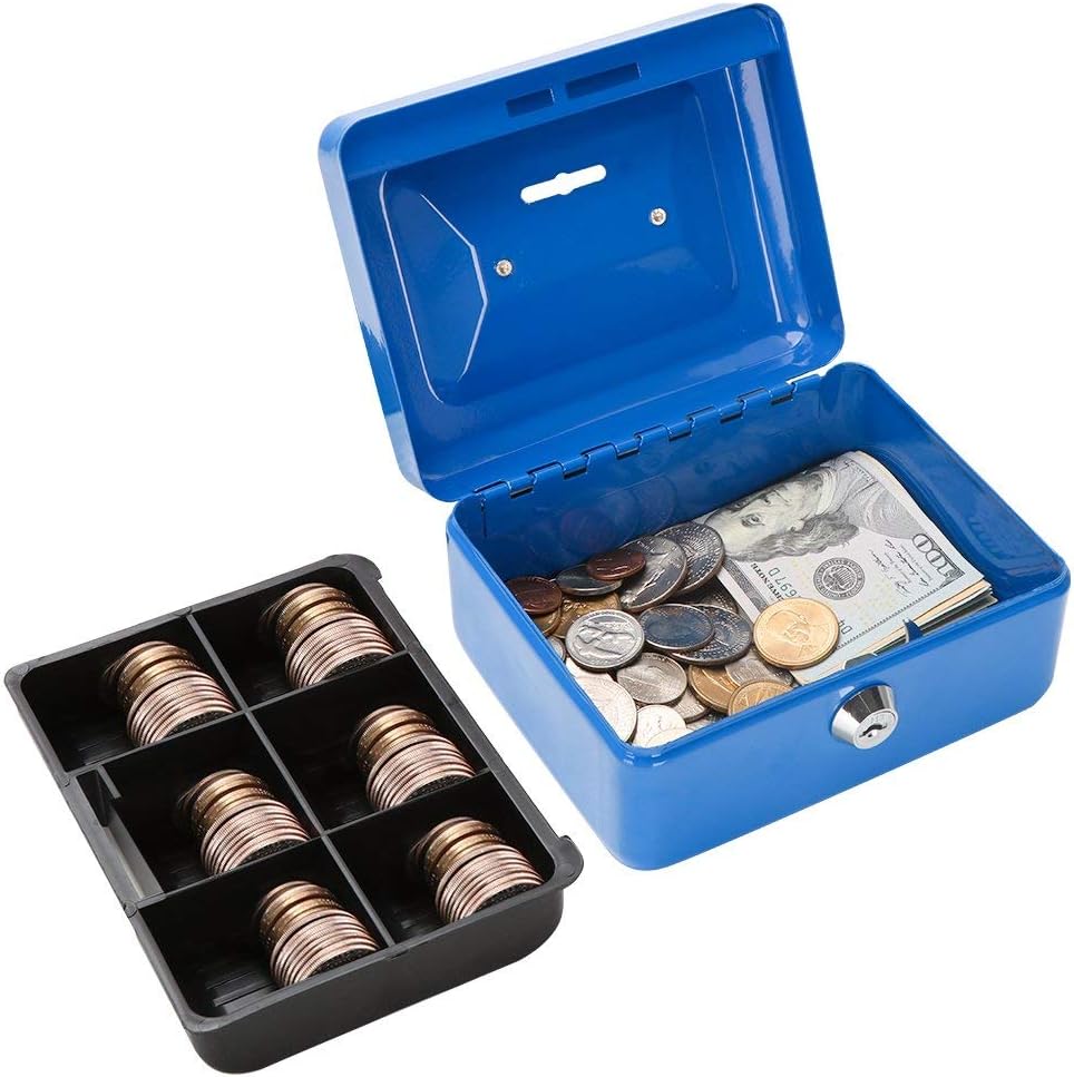 Luxtrous Metal Cash Box with Slot for Kids, Small Money Box with Removable Money Tray & Key Lock Perfect Secure Storage for Loose Change (6") Blue