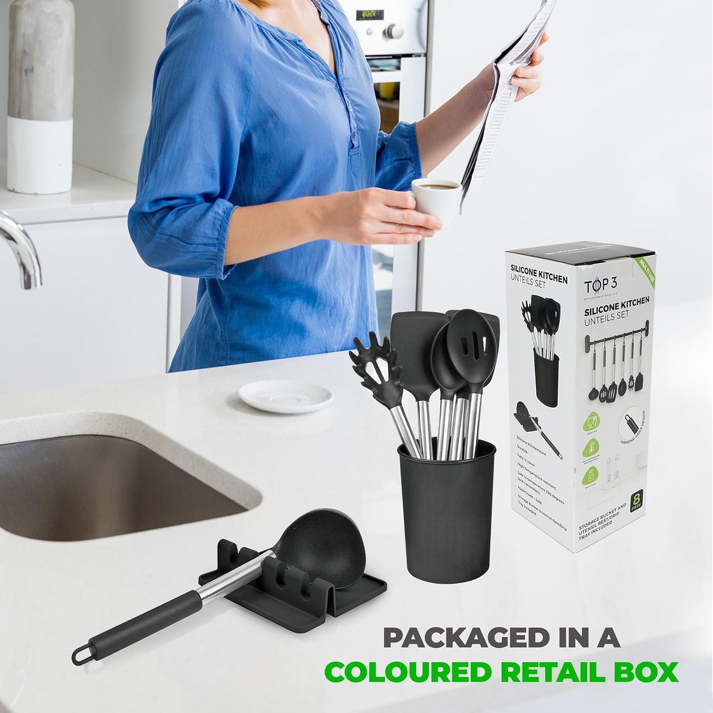 Luxtrous Kitchen Utensils Set | Utensils Black Kitchen Set with Holder & Drip Pad | Silicone Utensils | Silicone Spatula, Spoon, Spaghetti Server, Ladle | Scratch Proof NonStick Kitchen Spoons | 8 pcs