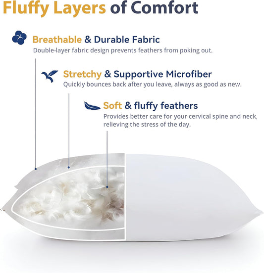 LUXTROUS Luxury Goose Feather and Down Pillow Pair with 100% Cotton Cover 2 Pack Pillows with Dual Layer Cover - Goose Down with Downproof, Soft Quality Feather 85% Goose Feather 15% Goose Down