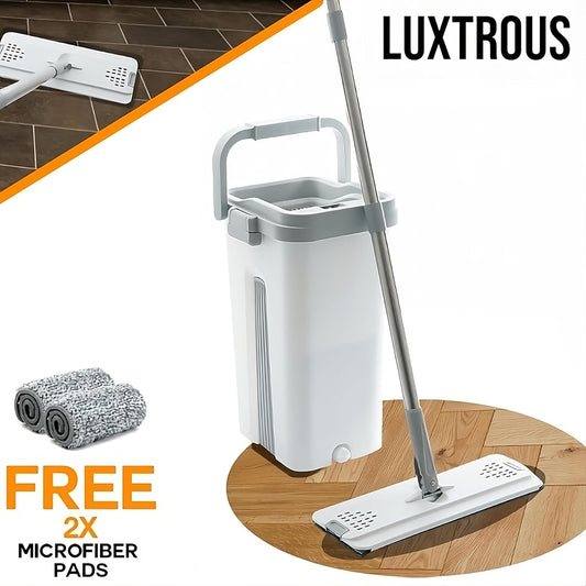 Luxtrous Floor Mop and Bucket Set Easy Flash Speed Mop with Squeeze Bucket Flat Mop for Floor Cleaning, Mini Dustpan and Brush Set 360 Rotating Head with 2 Micro fibre Pad.