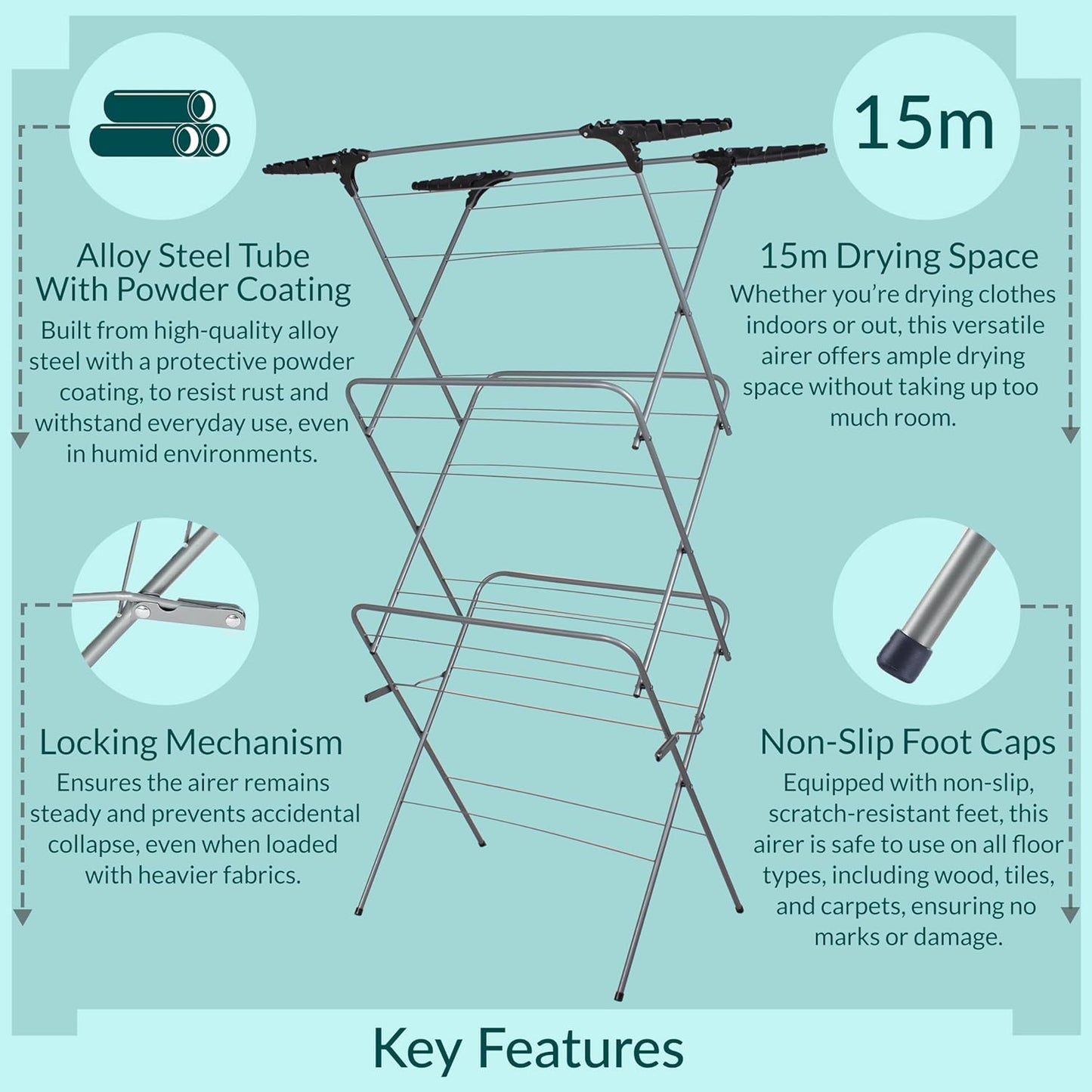 Aspect Clothes Airer,Clothes Drying Rack, 3 Tier Clothes Airer Indoor Cloth Airer With Extra Wings, Non-Slip Wet Clothes Dryer, Folding Clothes Horse Indoor and Outdoor All Weather Laundry Rack