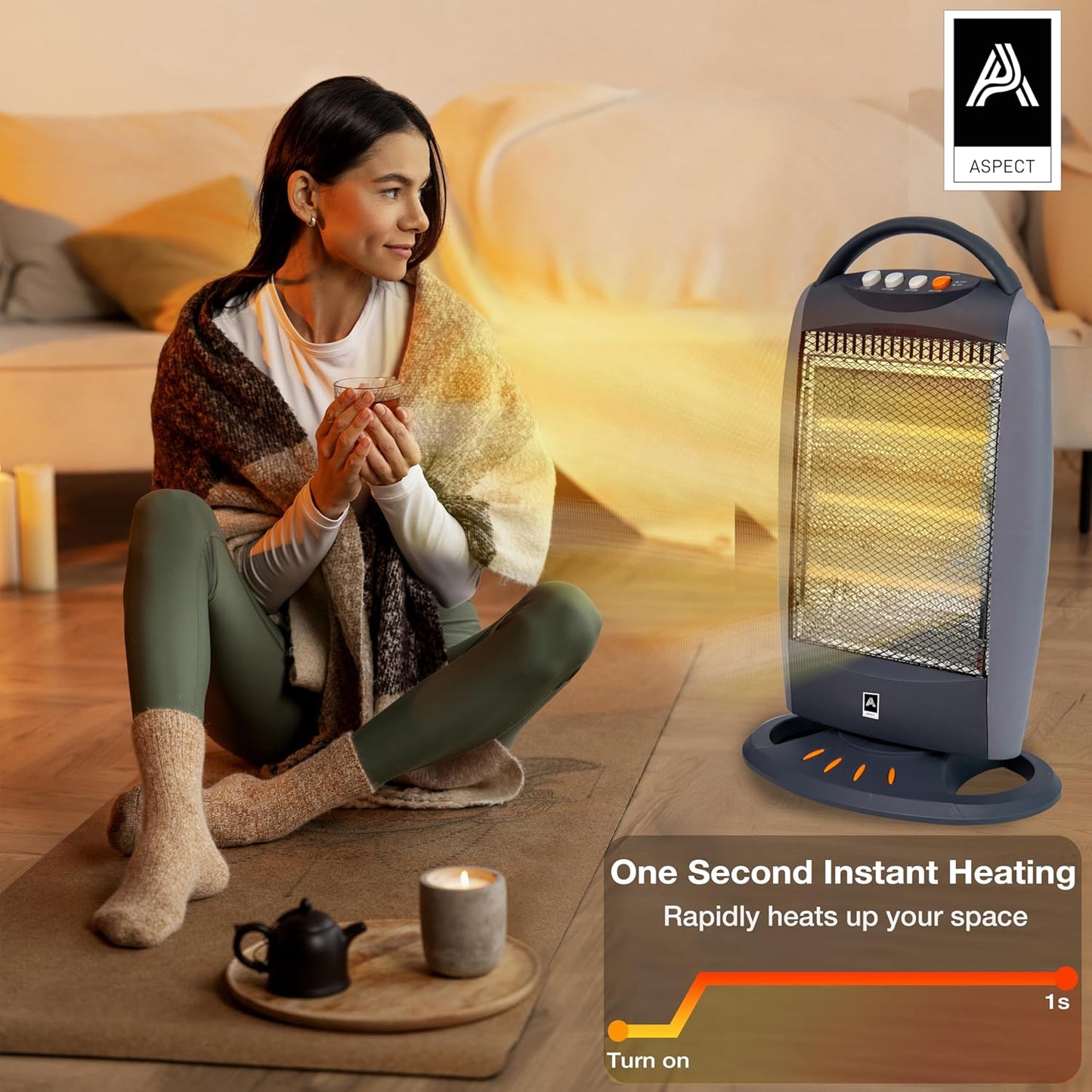 Aspect Halogen Heater - Electric Heater with 3 Heat Setting - Silent Overheat & Tip-Over Protected Room Heaters - Ideal for Home 2 light (800 Watts)