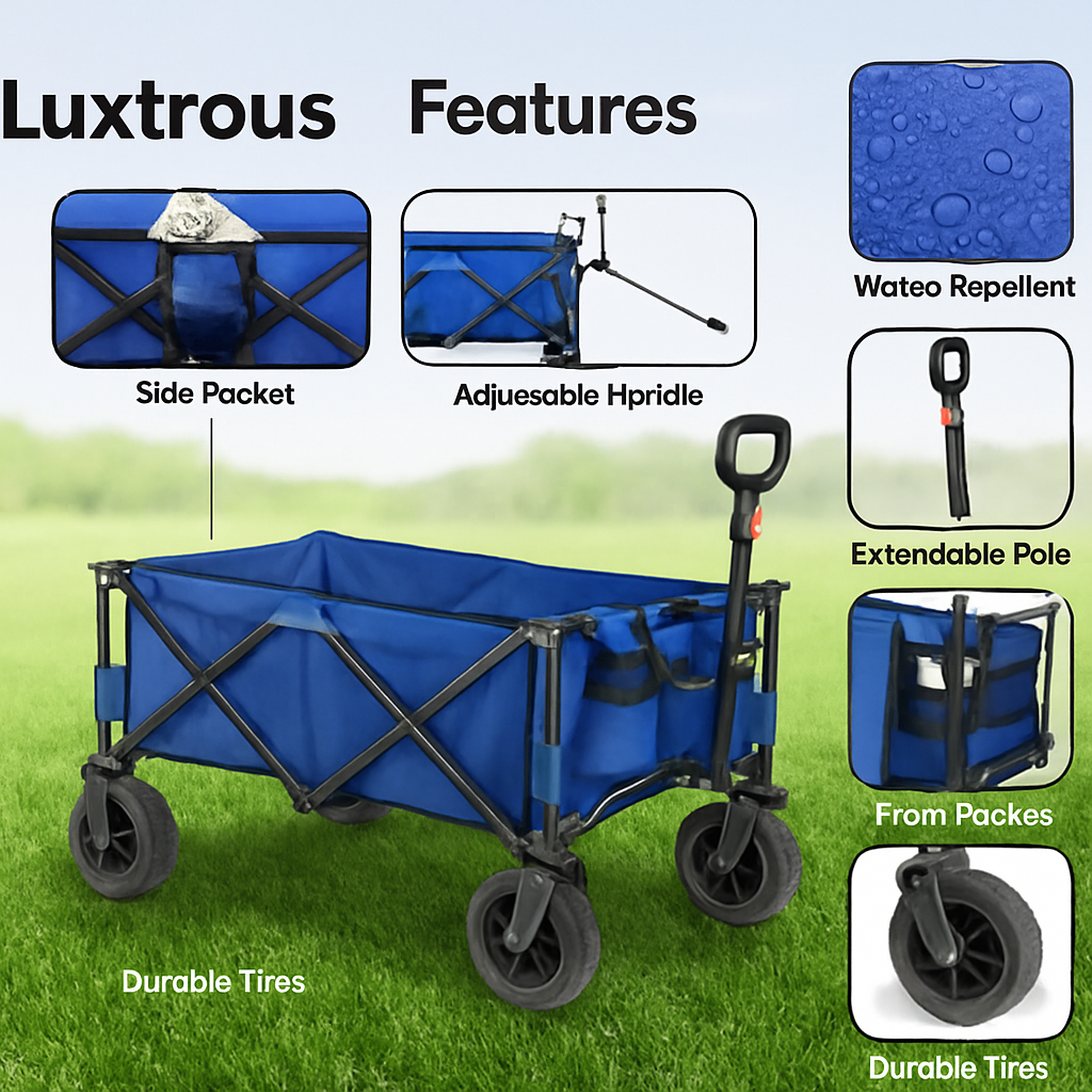LUXTROUS Folding Outdoor Detachable Trolley Utility Transport Cart Folding Wagon For Camping cart for shopping picnic collapsible garden hand cart with adjustable handles & cover bag (Blue)