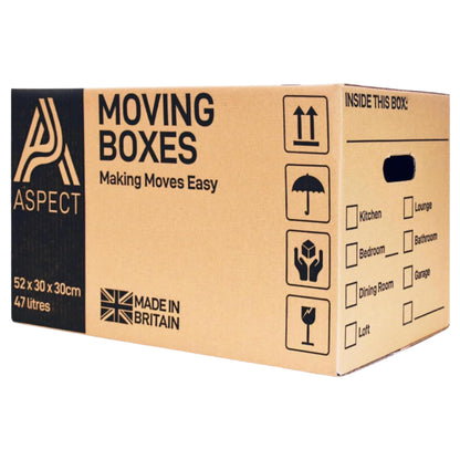 Aspect 10 Strong Large Cardboard Storage for Moving House 52cm x 30cm x 30cm Storage Packing Boxes With Lids Storage Boxes for Packing With Carry Handles - 47 Litres