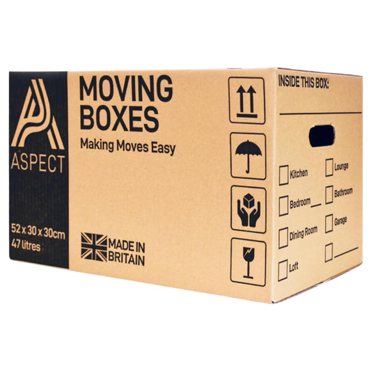 Aspect 10 Strong Large Cardboard Storage for Moving House 52cm x 30cm x 30cm Storage Packing Boxes With Lids Storage Boxes for Packing With Carry Handles - 47 Litres