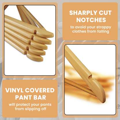 Aspect Wooden Coat Hangers, Natural Wood Coat Hanger with Non Slip Pants Bar for Wardrobe Space Saver, 360° Swivel Hook and Precisely Cut Notches for Camisole, Jacket, Pant, Dress Clothes - Pack of 20