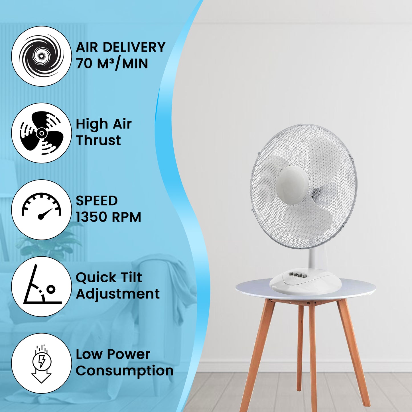 Aspect 12" Inch, Portable Desk Fan,3 Speed Settings, Wide-Angled Oscillation, Quiet Operation, Perfect for Bedroom or Office,Wide Base, 60-120° Oscillation - White