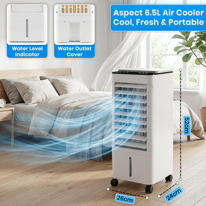 Aspect 6.5L Air Cooler with Remote Control, Portable Evaporative Air Cooler Fan, 3-in-1 Air Conditioner Cooler, Humidifier & Air Purifier, Touch Panel Cooling Fan for Home, Office & Bedroom