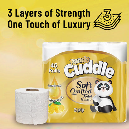 Panda Cuddle Toilet Roll 3-Ply Soft Ultimate Quilts Toilet Paper - Scented Toilet Rolls - Premium Bathroom Scented Toilet Loo Tissue Paper for Luxurious Comfort and Hygiene (Cuddle Lemon, 9 Rolls)