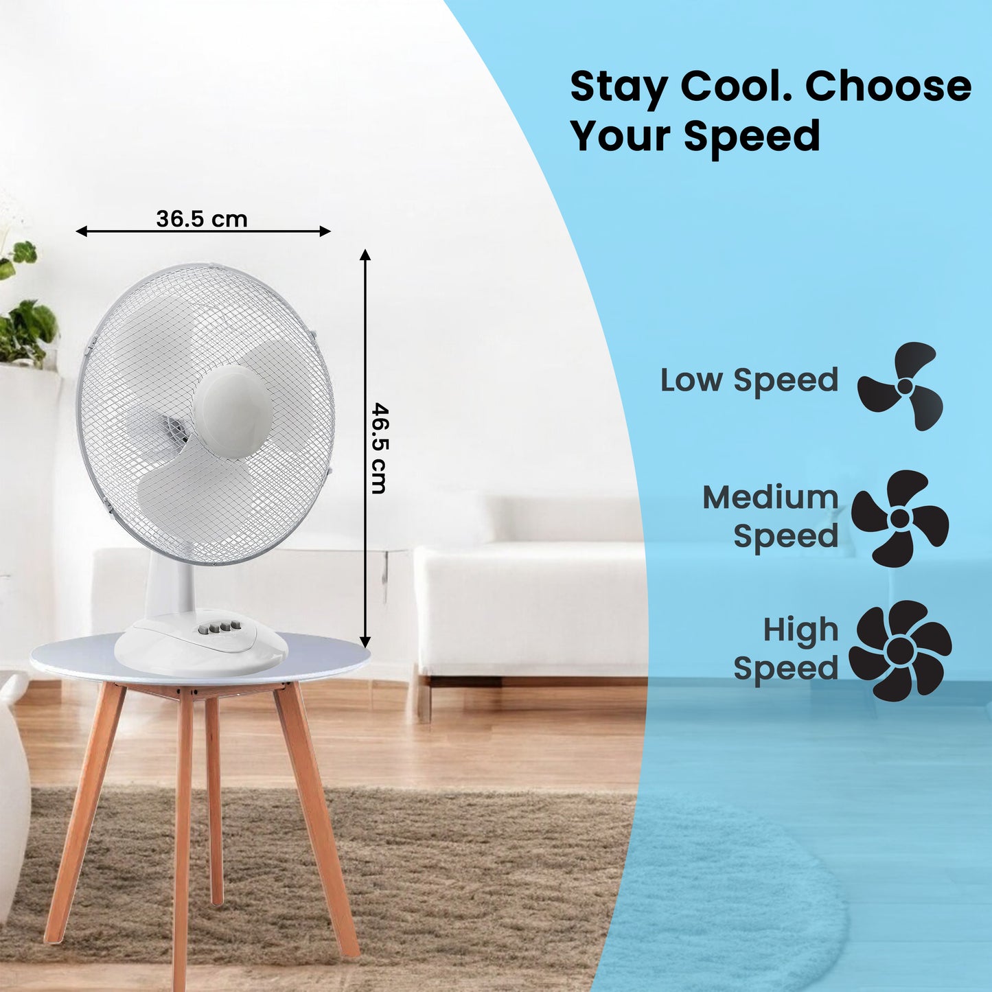 Aspect 12" Inch, Portable Desk Fan,3 Speed Settings, Wide-Angled Oscillation, Quiet Operation, Perfect for Bedroom or Office,Wide Base, 60-120° Oscillation - White