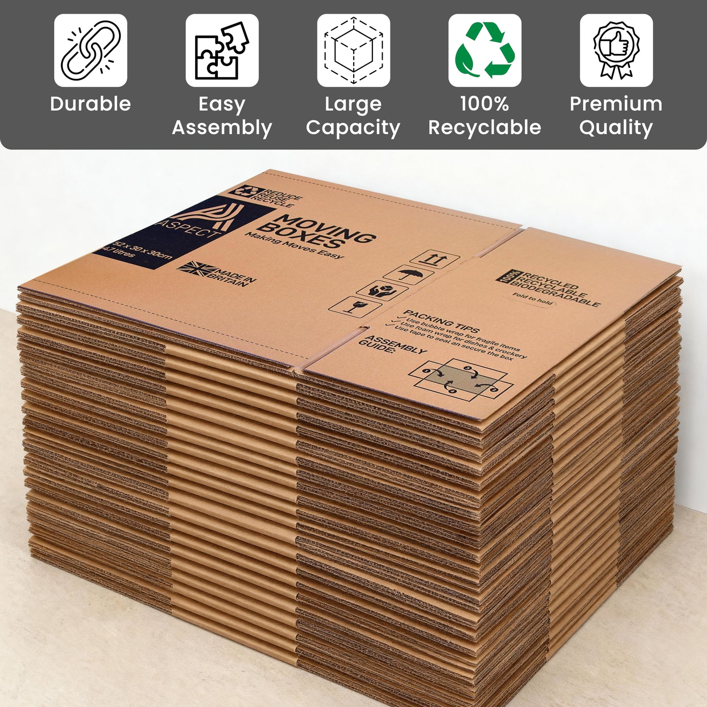 Aspect 10 Strong Large Cardboard Storage for Moving House 52cm x 30cm x 30cm Storage Packing Boxes With Lids Storage Boxes for Packing With Carry Handles - 47 Litres