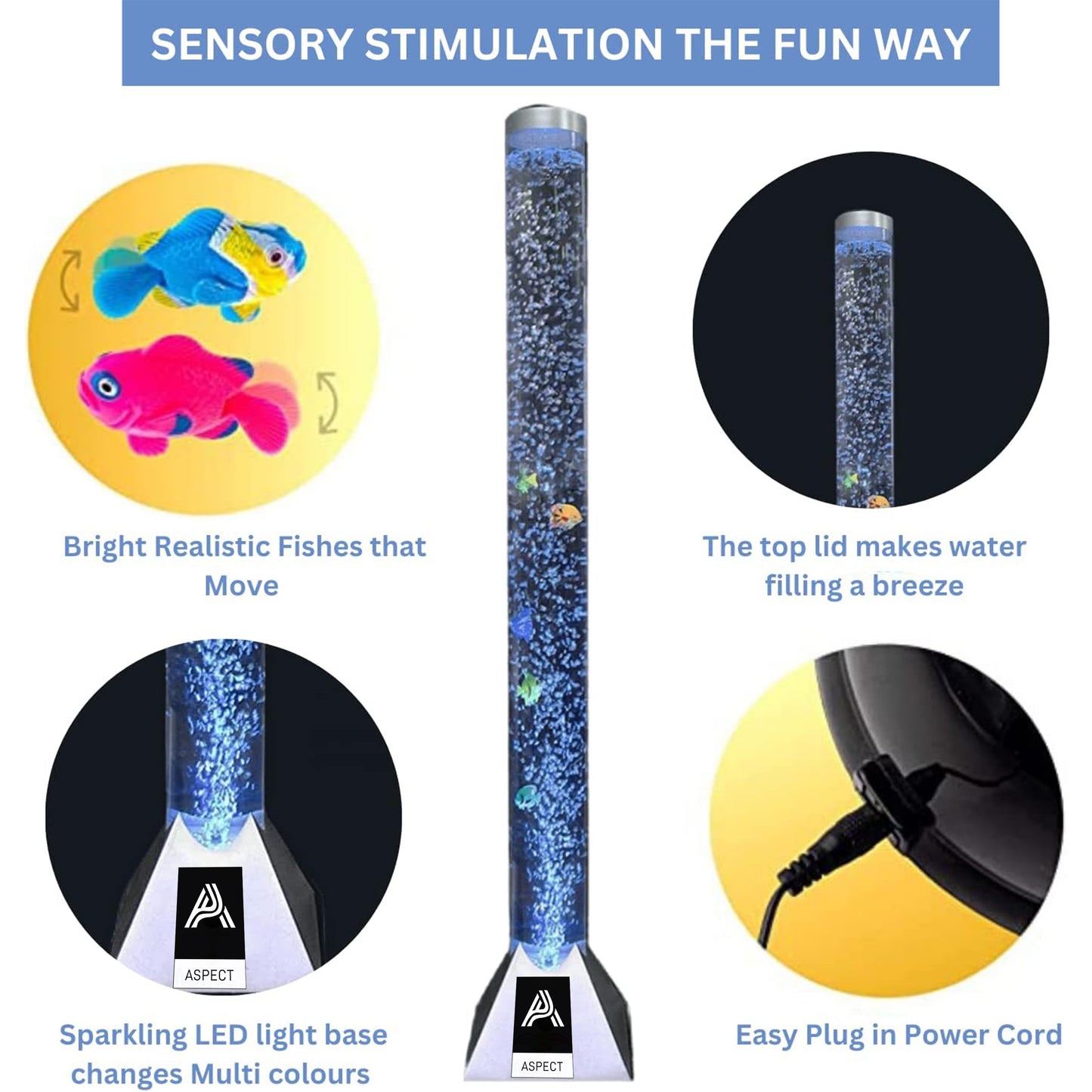 Aspect Sensory Lights Bubble Fish LED Colour Changing LED Light Bubble Fish Mood Lamp with Sturdy Base - Artificial Jelly Fish Sensory Lamp for Home, Work - (90 cm, Silver)