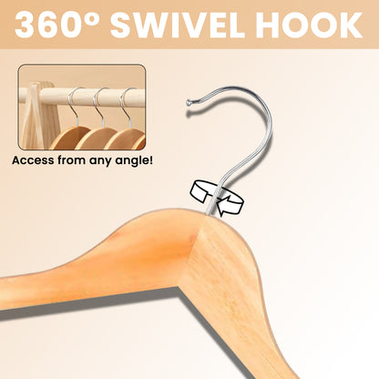 Aspect Wooden Coat Hangers, Natural Wood Coat Hanger with Non Slip Pants Bar for Wardrobe Space Saver, 360° Swivel Hook and Precisely Cut Notches for Camisole, Jacket, Pant, Dress Clothes - Pack of 20