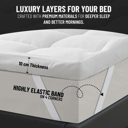 Luxtrous Mattress Topper Kingsize Bed 10cm Premium White Quilted Extra Deep Ultra Fluffy and Breathable With Strong Elastic Bands, Comfort & Supports Restful Sleep