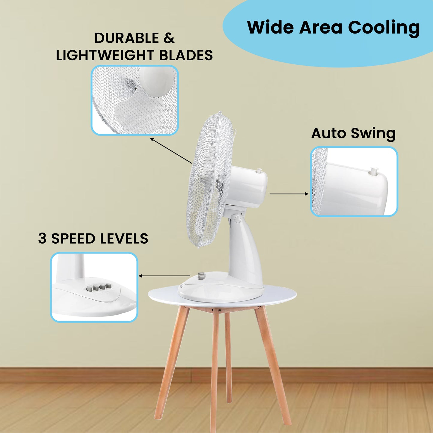 Aspect 12" Inch, Portable Desk Fan,3 Speed Settings, Wide-Angled Oscillation, Quiet Operation, Perfect for Bedroom or Office,Wide Base, 60-120° Oscillation - White