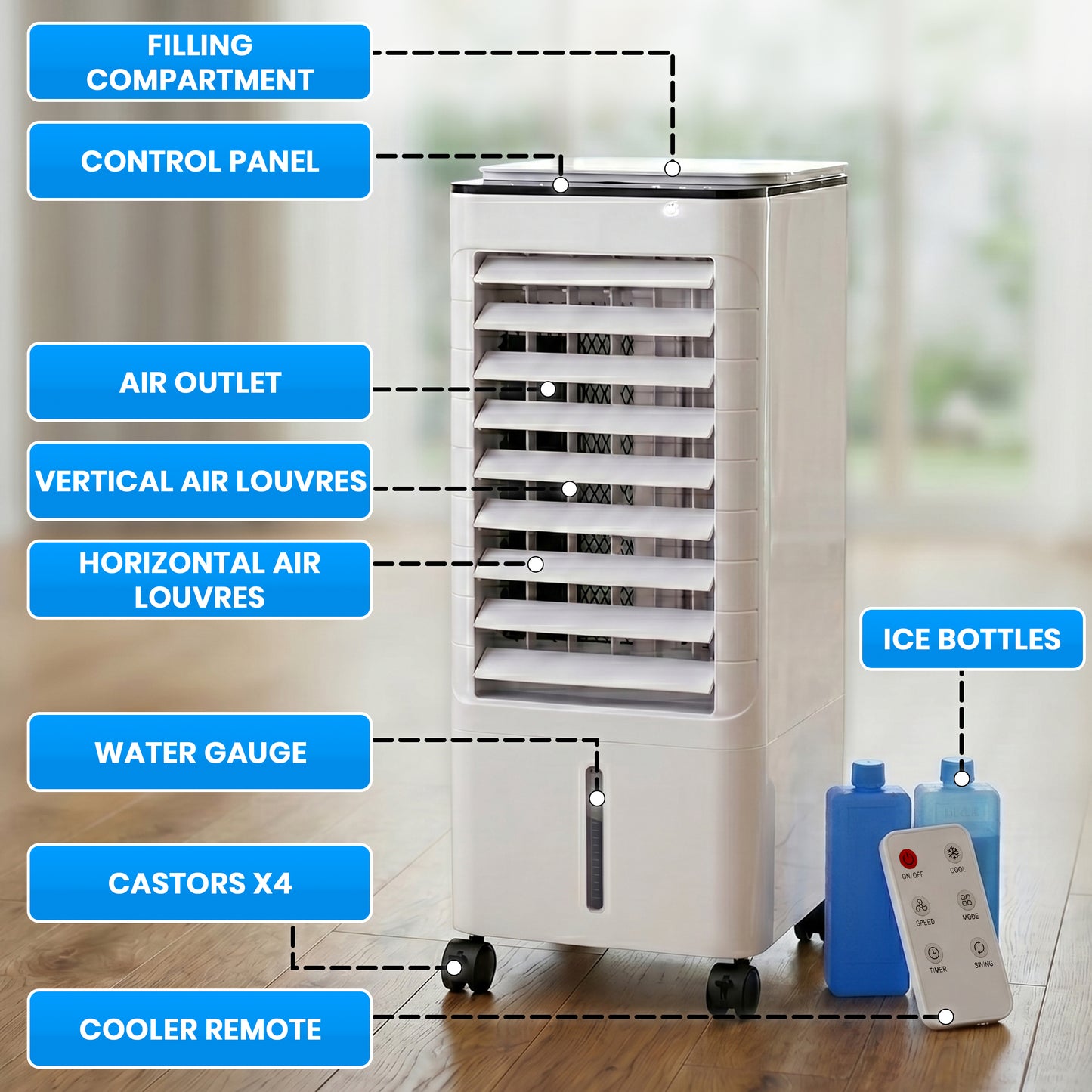 Aspect 6.5L Air Cooler with Remote Control, Portable Evaporative Air Cooler Fan, 3-in-1 Air Conditioner Cooler, Humidifier & Air Purifier, Touch Panel Cooling Fan for Home, Office & Bedroom