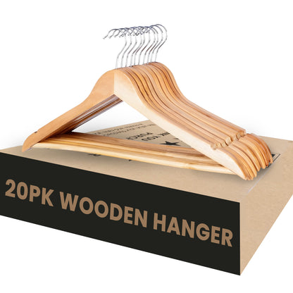 Aspect Wooden Coat Hangers, Natural Wood Coat Hanger with Non Slip Pants Bar for Wardrobe Space Saver, 360° Swivel Hook and Precisely Cut Notches for Camisole, Jacket, Pant, Dress Clothes - Pack of 20