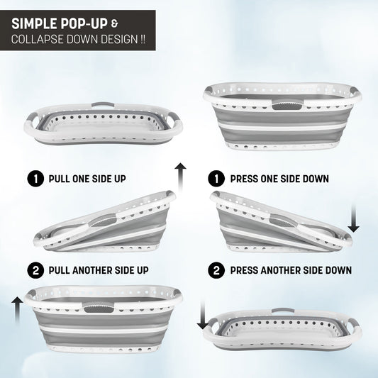 Aspect 72L Collapsible & Portable Laundry Basket | Convenient and Easy Space Saving Storage with Durable Plastic Handles | Preserve Hygiene | Perfect for Laundry Sorting Grey & White