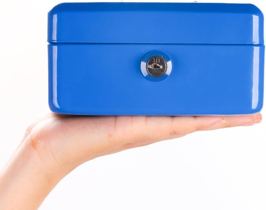 Luxtrous Metal Cash Box with Slot for Kids, Small Money Box with Removable Money Tray & Key Lock Perfect Secure Storage for Loose Change (6") Blue