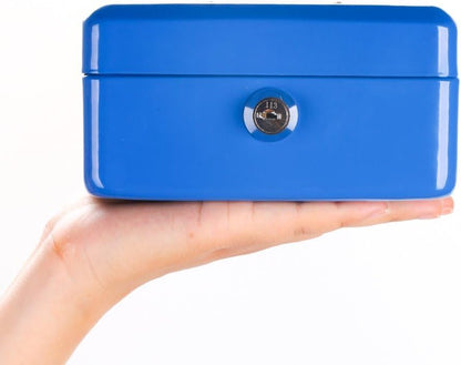 Luxtrous Metal Cash Box with Slot for Kids, Small Money Box with Removable Money Tray & Key Lock Perfect Secure Storage for Loose Change (6") Blue