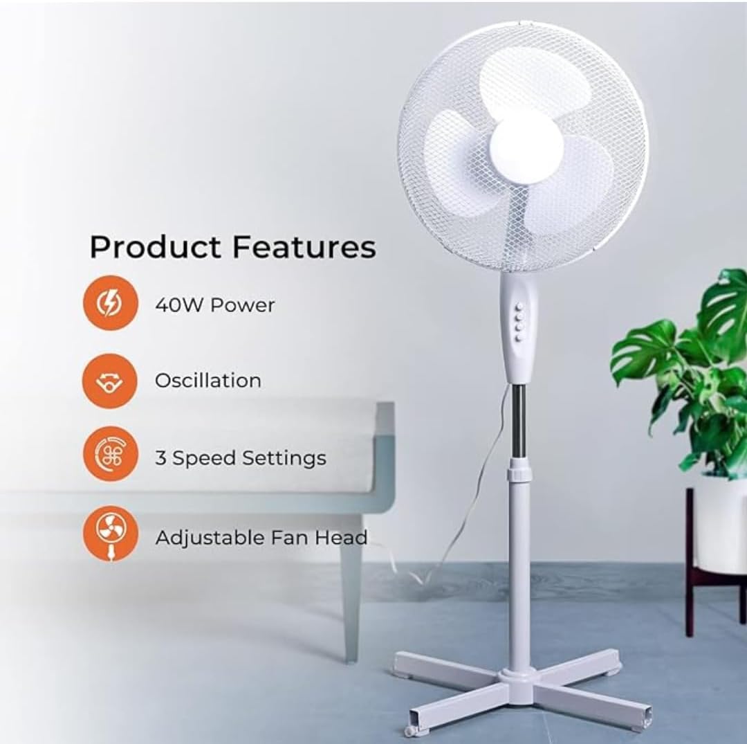 Aspect 16 Inch Pedestal Fan 3 Speed Settings Quiet Operation Oscillating Adjustable Height Cooling Fan Ideal for Home and Office (40 Watts - White)
