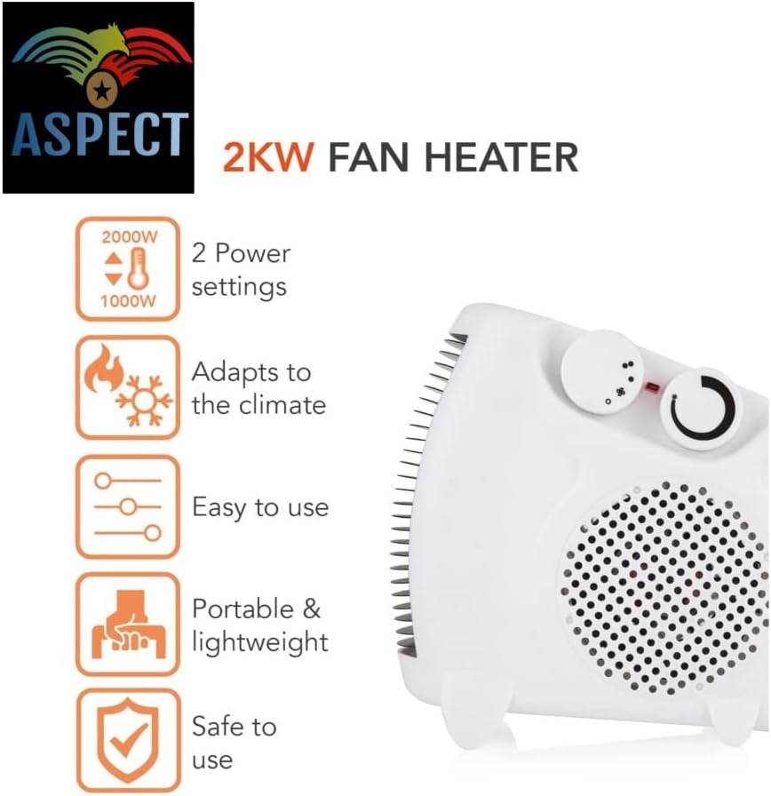 Aspect Electric Heater, Thermo Fan Heater with 2000W Power 2 Heat Settings, Fan Setting, Safety Features & Vertical Design, Heat Protection, Thermostat, Lightweight & Portable for Home & Office