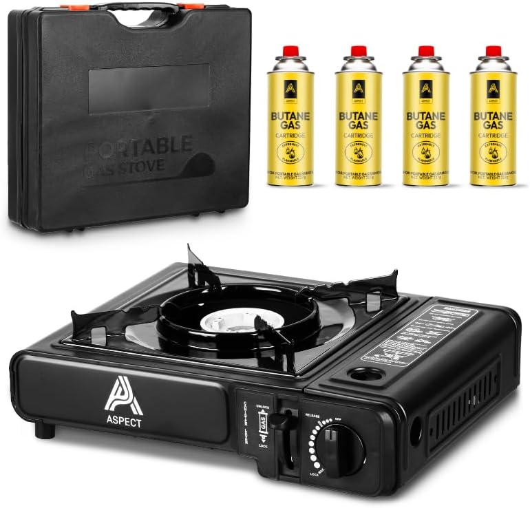 Aspect Portable Camping Stove with Cary Case, Single Burner, Automatic Ignition, Heat Control, Premium Camping Gas Stove, Indoor/Outdoor, Black Caravan