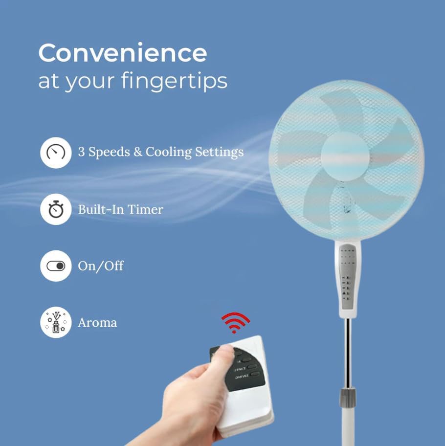 Aspect 16 Inch Pedestal Fan Remote Control Cooling Powerful | Wide Leg Cross Base | Extra Strong 5 Section Blade for High Wind Performance | Up to 4 Hours Timer - White (Upgraded Model)