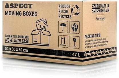 Aspect 5 Strong Large Cardboard Storage for Moving House 52cm x 30cm x 30cm Storage Packing Boxes With Lids Storage Boxes for Packing With Carry Handles - 47 Litres
