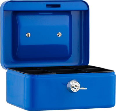 Luxtrous Metal Cash Box with Slot for Kids, Small Money Box with Removable Money Tray & Key Lock Perfect Secure Storage for Loose Change (6") Blue