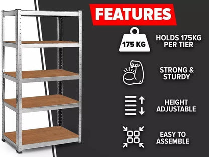 LUXTROUS Garage Shelving Units 5-Tier Storage Shelves, 175kg Per Shelf, 5mm MDF Boards, Shed Storage Racking Shelf Adjustable Metal Boltless Design for Living Room,Office(Silver,70x30x150cm)