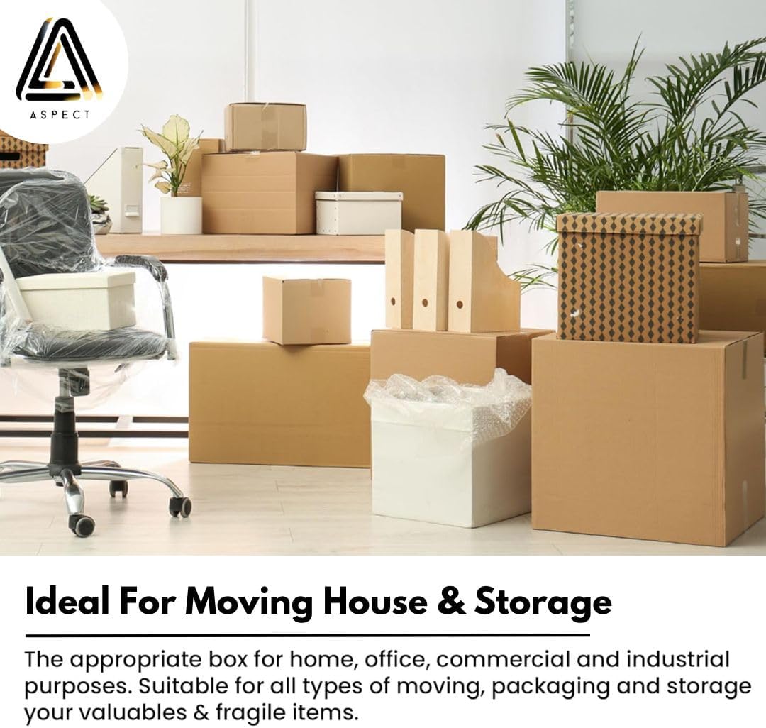 Aspect 5 Strong Large Cardboard Storage for Moving House 52cm x 30cm x 30cm Storage Packing Boxes With Lids Storage Boxes for Packing With Carry Handles - 47 Litres