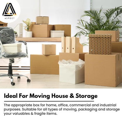 Aspect 5 Strong Large Cardboard Storage for Moving House 52cm x 30cm x 30cm Storage Packing Boxes With Lids Storage Boxes for Packing With Carry Handles - 47 Litres