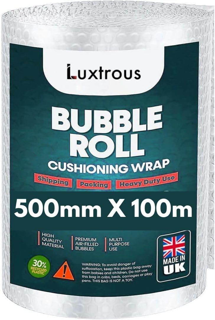LUXTROUS Bubble Wrap for Moving House (500mm x 100m) Quality Premium Bubble Wrap Roll, Office and Industrial Use Lightweight, Durable, and UK Manufactured