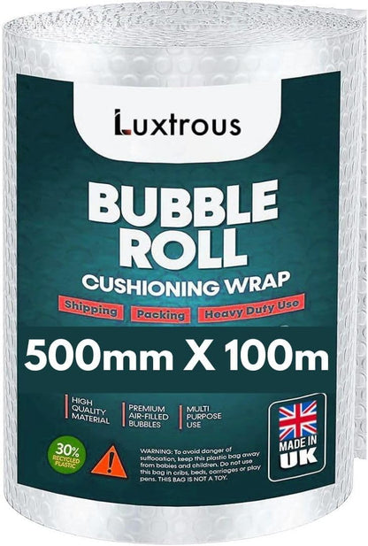 LUXTROUS Bubble Wrap for Moving House (500mm x 100m) Quality Premium Bubble Wrap Roll, Office and Industrial Use Lightweight, Durable, and UK Manufactured