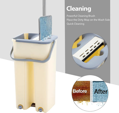 Luxtrous Floor Mop and Bucket Set Easy Flash Speed Mop with Squeeze Bucket Flat Mop for Floor Cleaning, Mini Dustpan and Brush Set 360 Rotating Head with 2 Micro fibre Pad.