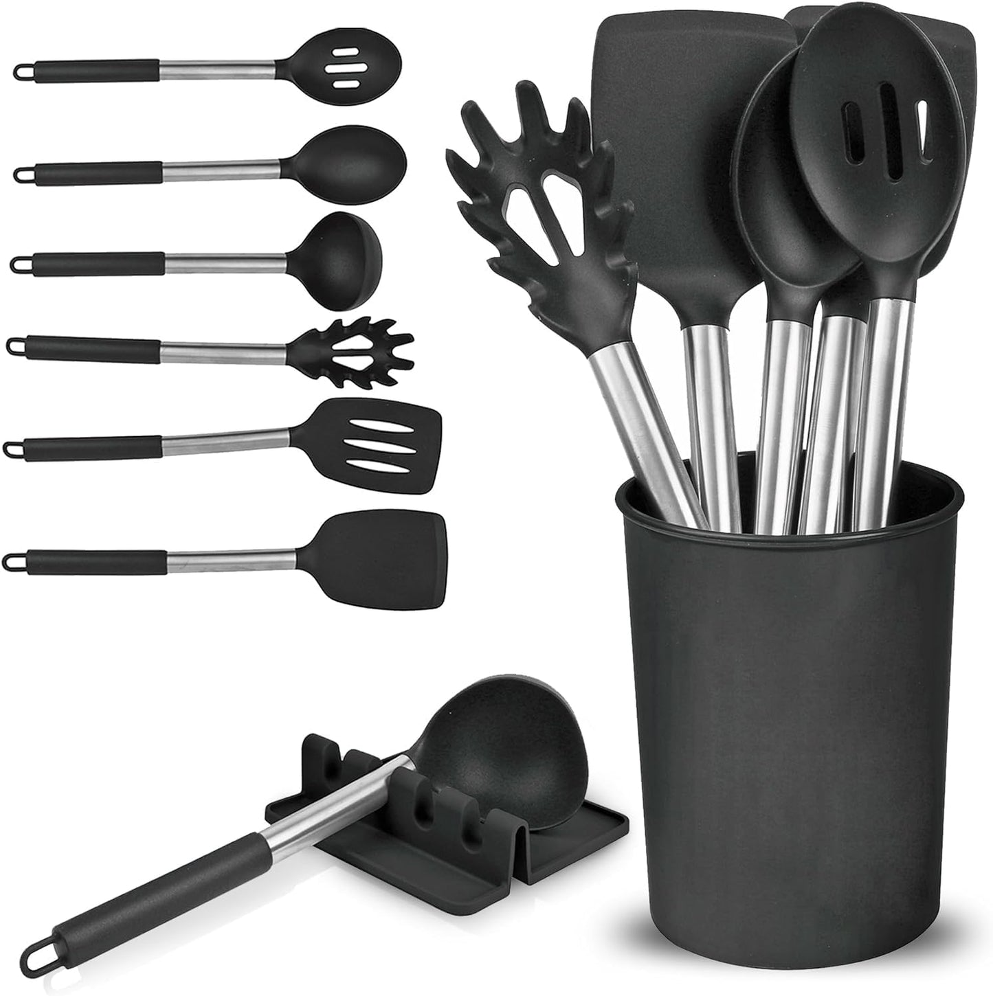 Luxtrous Kitchen Utensils Set | Utensils Black Kitchen Set with Holder & Drip Pad | Silicone Utensils | Silicone Spatula, Spoon, Spaghetti Server, Ladle | Scratch Proof NonStick Kitchen Spoons | 8 pcs
