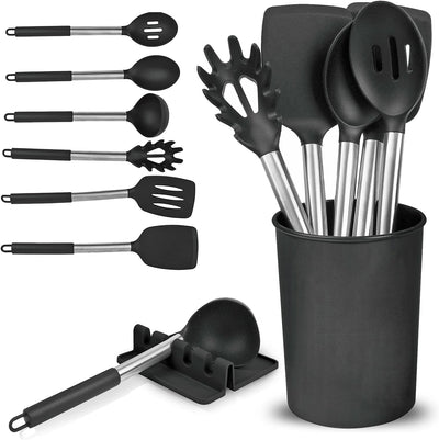 Luxtrous Kitchen Utensils Set | Utensils Black Kitchen Set with Holder & Drip Pad | Silicone Utensils | Silicone Spatula, Spoon, Spaghetti Server, Ladle | Scratch Proof NonStick Kitchen Spoons | 8 pcs