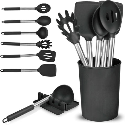 Luxtrous Kitchen Utensils Set | Utensils Black Kitchen Set with Holder & Drip Pad | Silicone Utensils | Silicone Spatula, Spoon, Spaghetti Server, Ladle | Scratch Proof NonStick Kitchen Spoons | 8 pcs