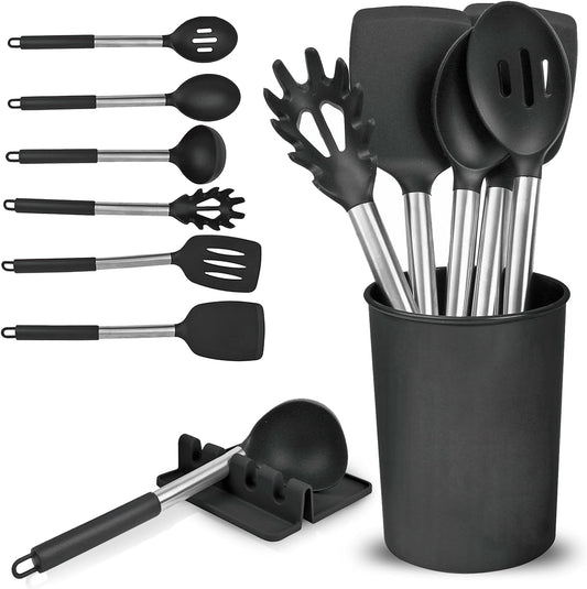 Luxtrous Kitchen Utensils Set | Utensils Black Kitchen Set with Holder & Drip Pad | Silicone Utensils | Silicone Spatula, Spoon, Spaghetti Server, Ladle | Scratch Proof NonStick Kitchen Spoons | 8 pcs
