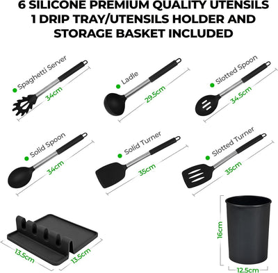 Luxtrous Kitchen Utensils Set | Utensils Black Kitchen Set with Holder & Drip Pad | Silicone Utensils | Silicone Spatula, Spoon, Spaghetti Server, Ladle | Scratch Proof NonStick Kitchen Spoons | 8 pcs