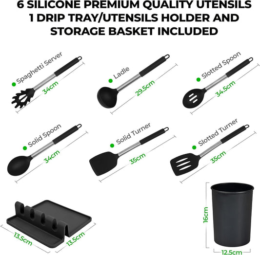 Luxtrous Kitchen Utensils Set | Utensils Black Kitchen Set with Holder & Drip Pad | Silicone Utensils | Silicone Spatula, Spoon, Spaghetti Server, Ladle | Scratch Proof NonStick Kitchen Spoons | 8 pcs