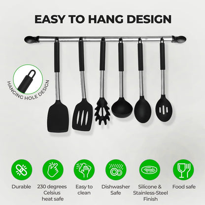 Luxtrous Kitchen Utensils Set | Utensils Black Kitchen Set with Holder & Drip Pad | Silicone Utensils | Silicone Spatula, Spoon, Spaghetti Server, Ladle | Scratch Proof NonStick Kitchen Spoons | 8 pcs