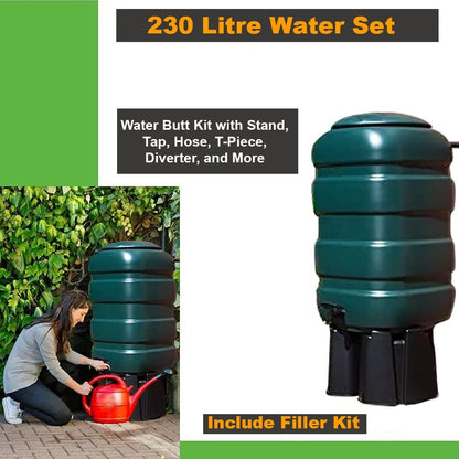 Fine Garden 100L Water Butt Kit with Stand, Tap, Hose, T-Piece, Diverter Complete Rainwater Collector for Eco-Friendly Gardening and Water Conservation and Water with Easy Installation.