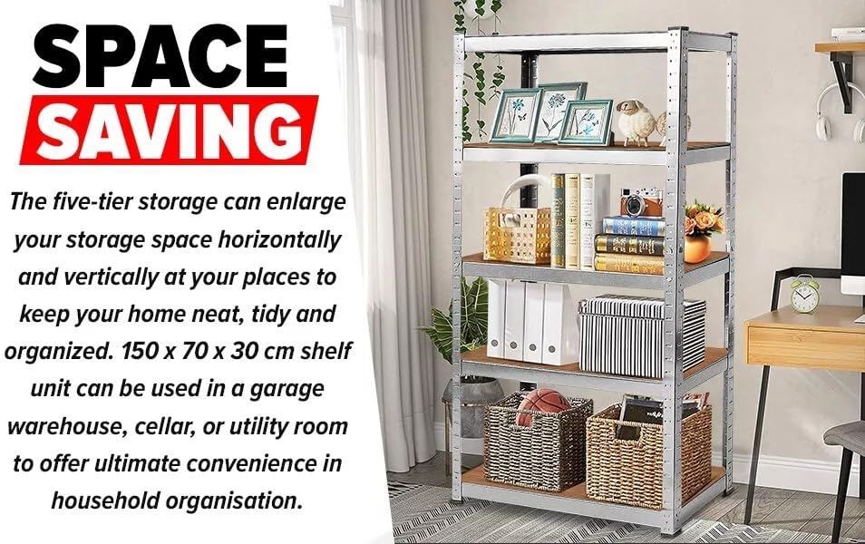 LUXTROUS Garage Shelving Units 5-Tier Storage Shelves, 175kg Per Shelf, 5mm MDF Boards, Shed Storage Racking Shelf Adjustable Metal Boltless Design for Living Room,Office(Silver,70x30x150cm)