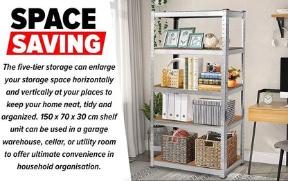 LUXTROUS Garage Shelving Units 5-Tier Storage Shelves, 175kg Per Shelf, 5mm MDF Boards, Shed Storage Racking Shelf Adjustable Metal Boltless Design for Living Room,Office(Silver,70x30x150cm)