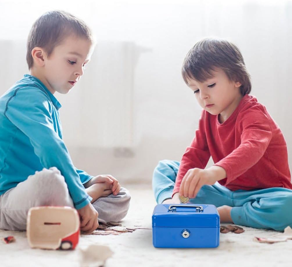 Luxtrous Metal Cash Box with Slot for Kids, Small Money Box with Removable Money Tray & Key Lock Perfect Secure Storage for Loose Change (6") Blue