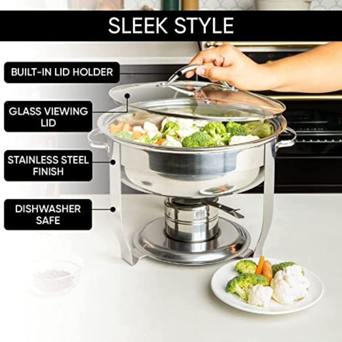 Aspect Chafing Dish Buffet Set, Stainless Steel Round Chafing Dishes & Food Warmers, Buffet Server Food Warmer with Glass Lid,Food & Water Pan, Frame for Restaurant Catering Parties Weddings -4.5L